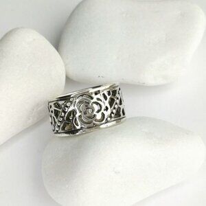 Sterling Silver filigree Tudor Rose Flower Garden band ring 🆕